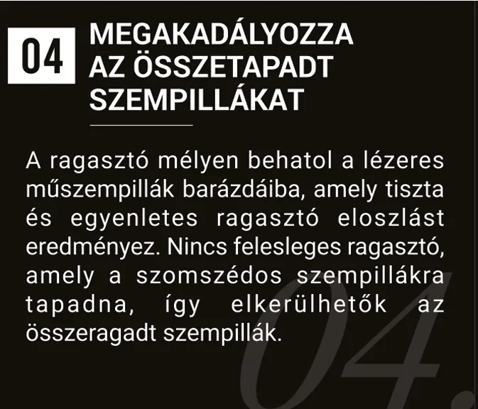 A 04-es infografika szerint a lézeres műszempilla ragasztója segít megelőzni a szempillák összetapadását.