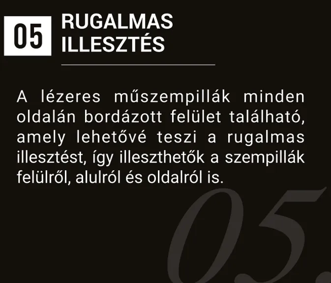 „05 Rugalmas illesztés”: a grafika a lézeres műszempillák több irányból történő illesztését ismerteti.