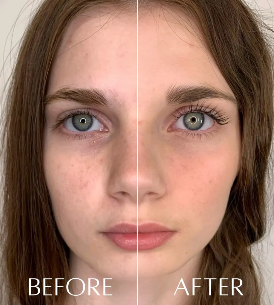 Közeli előtte-utána összehasonlítás egy nő szempilláinak liftingje után, BEFORE és AFTER feliratokkal.