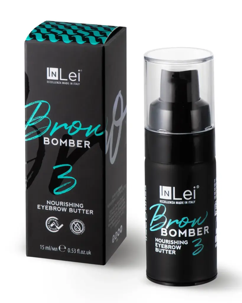 InLei Brow Bomber 3 tápláló szemöldökápoló pumpás flakonja és fekete doboza fehér háttéren.