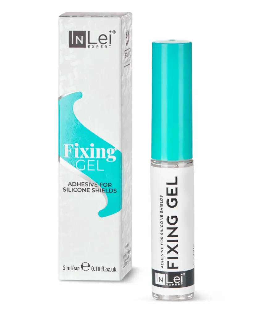 InLei Fixing Gel szilikon szemalátétekhez való ragasztó türkiz kupakos flakonja és doboza fehér háttéren.